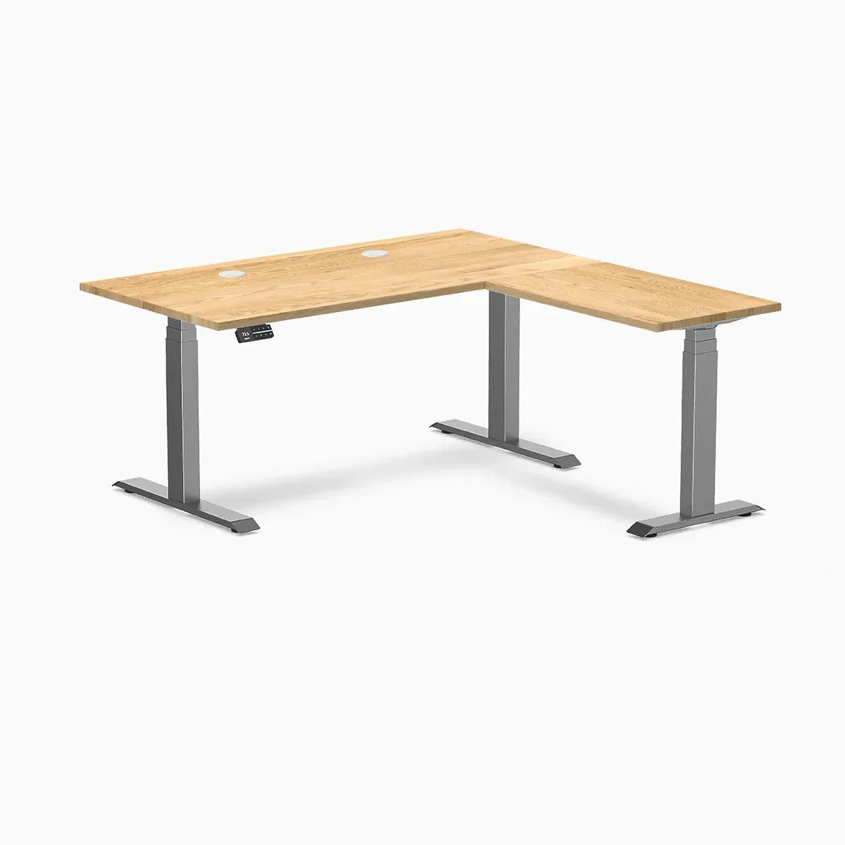 Desky Desky Hardwood L-Shape Sit Stand Desk White Oak Space Gray 60 x 30 x 62 x 20 in with Grommets — product photo