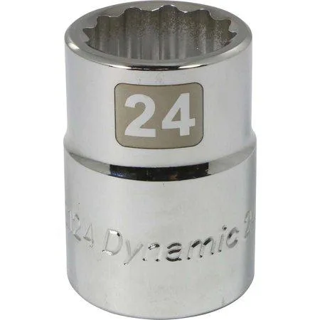 Chrome-finished 24 mm 12-point socket with 3/4 inch drive and knurled ring