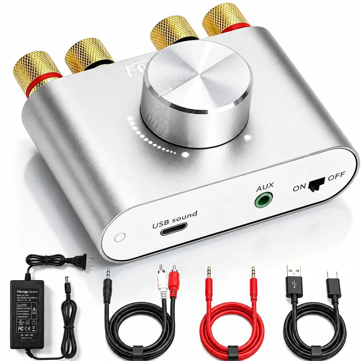 Silver mini stereo amplifier with volume knob and input ports