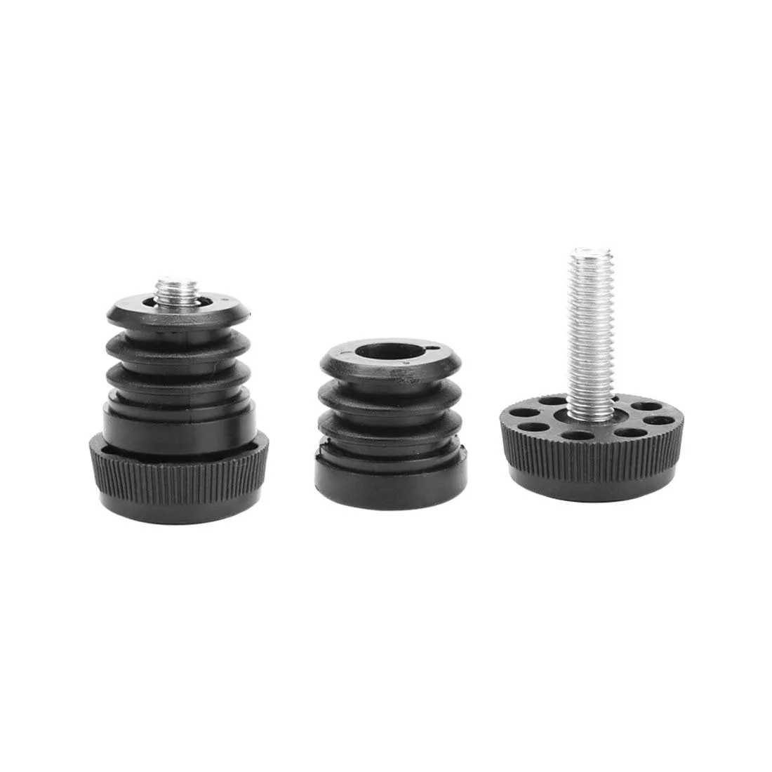 Two sets of black plastic leveling feet with threaded metal stems and 25 mm round tube inserts