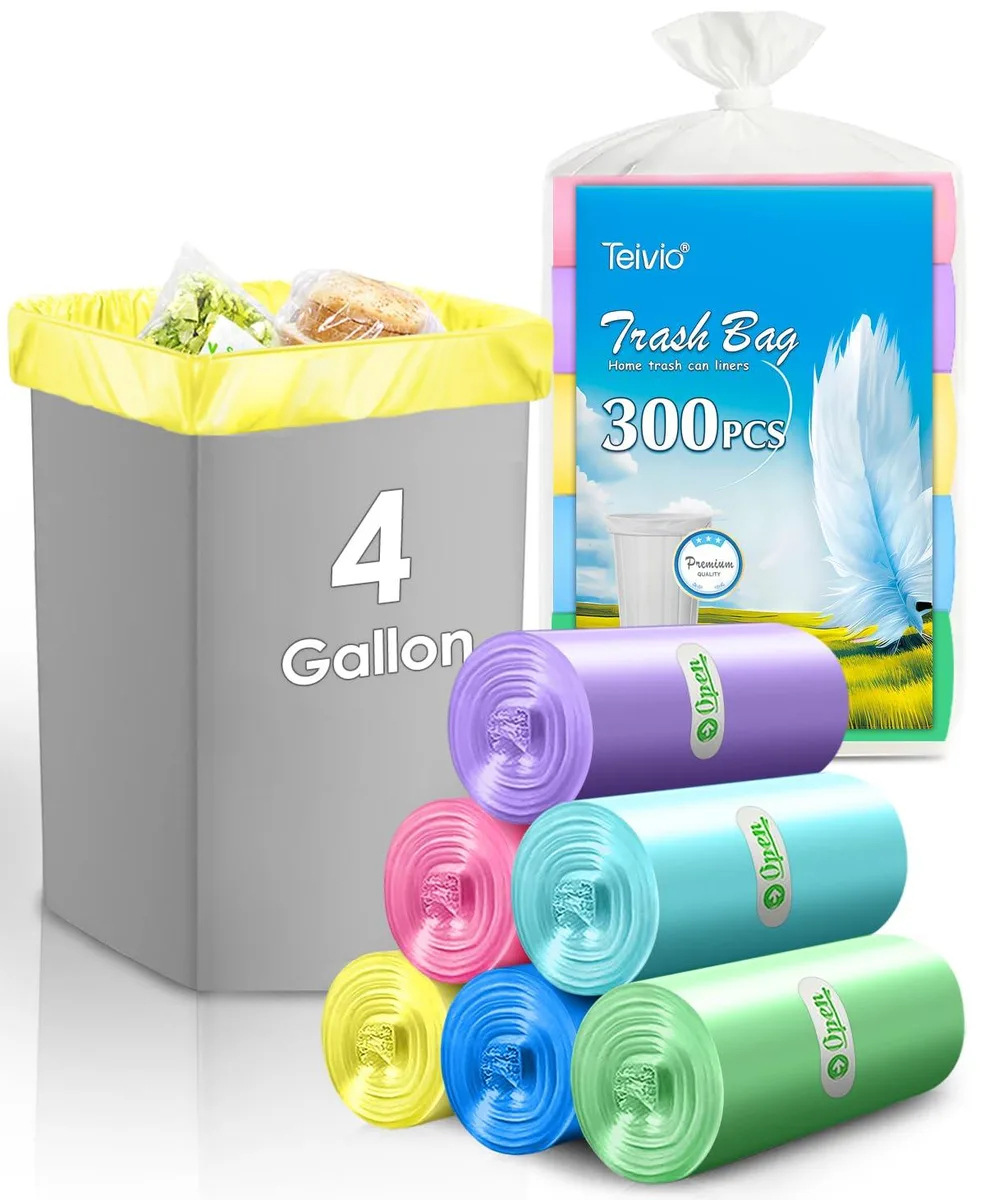A pack of 300 multicolour 4-gallon plastic bin liners