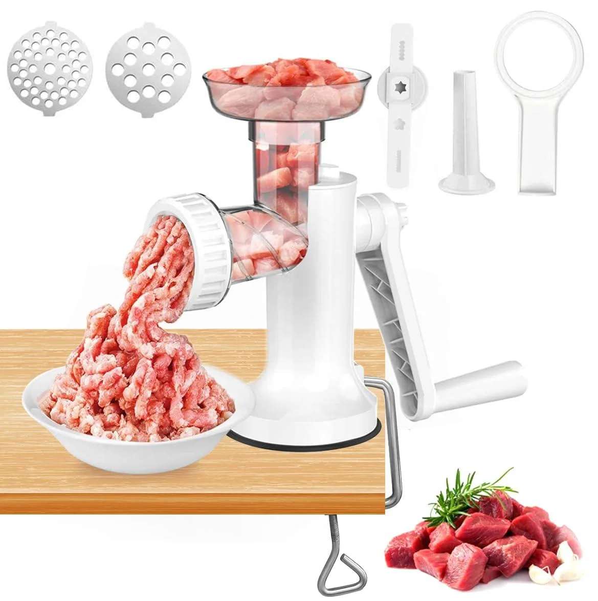 White manual meat grinder with hand crank and suction base