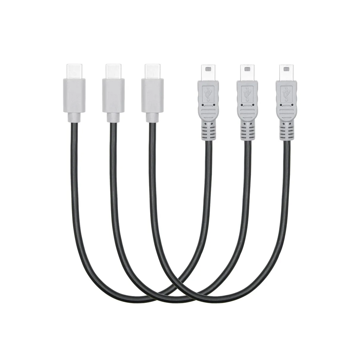 Three short grey and black USB-C to Mini USB cables coiled together