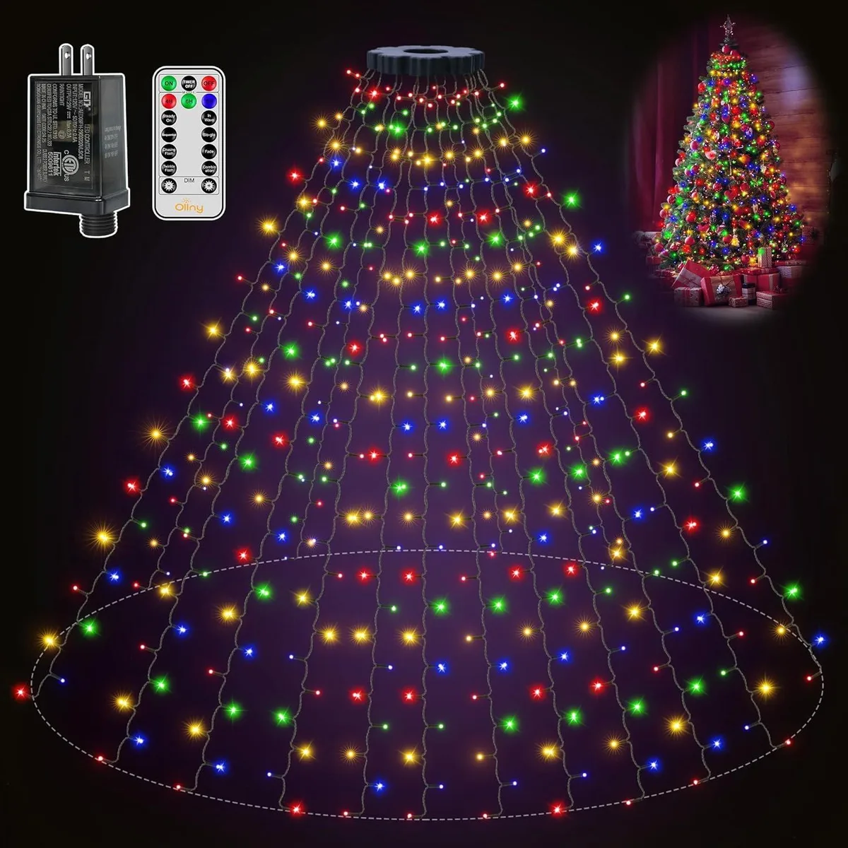 A green ring with sixteen multicoloured LED strands hanging down 8.2ft
