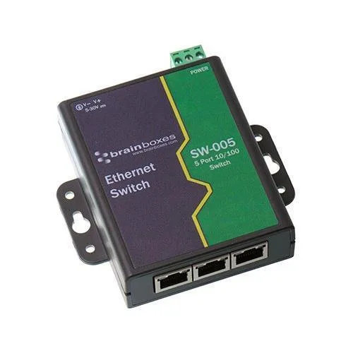 Compact five-port Ethernet switch in a light metal wall-mountable case