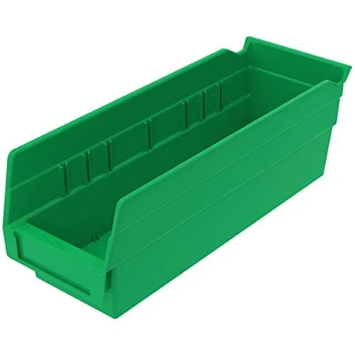 Green plastic shelf bins, twenty-four nested together