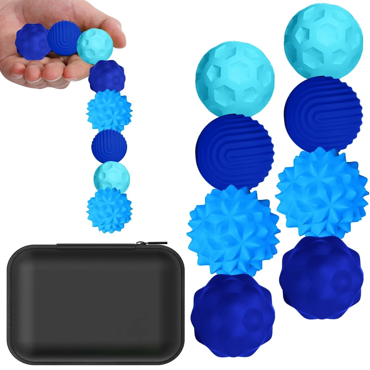 Eight blue silicone balls with varied textures in a set