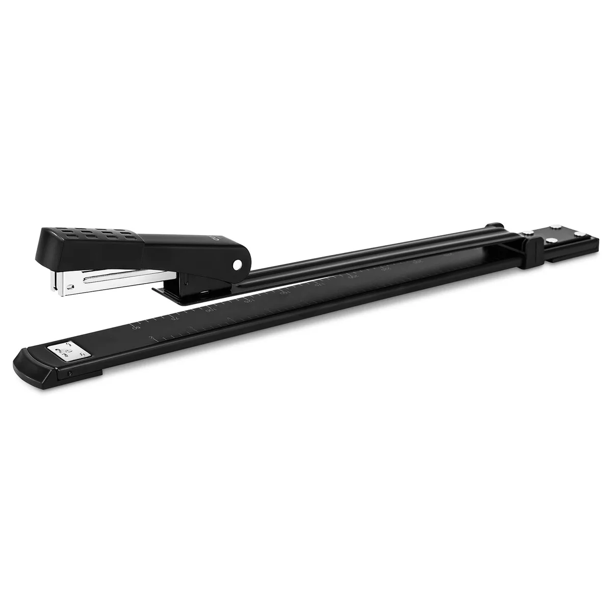 Black metal long-reach stapler with 12-inch throat depth and adjustable paper guide