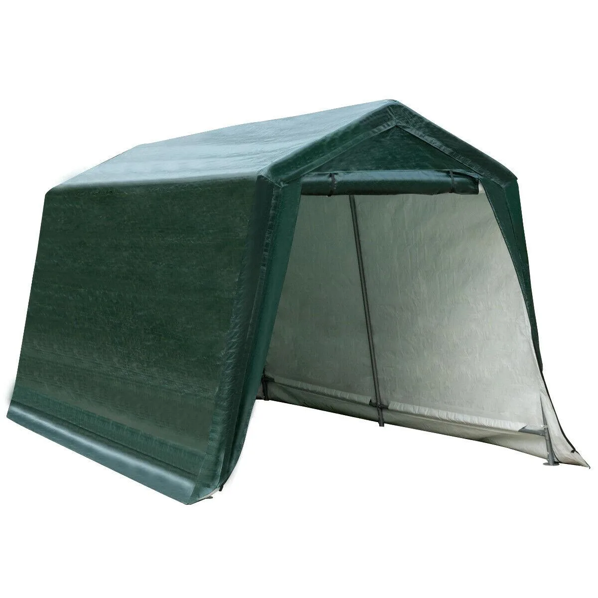 Green steel-framed carport shed 8 by 14 ft with white powder-coated poles and PE cover