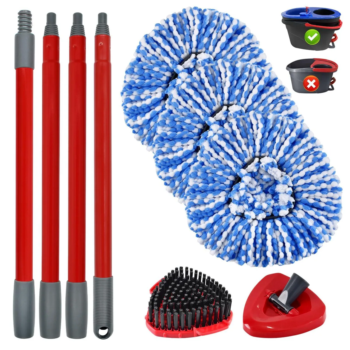 White microfibre mop heads, iron handle sections, triangular base and scrub brush on a plain background