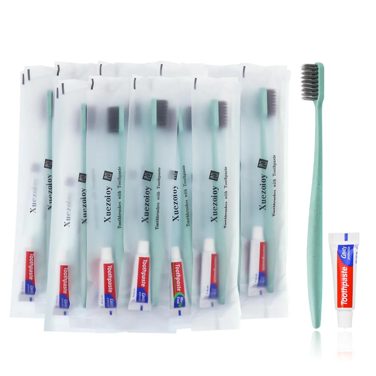 Box of 30 green disposable toothbrushes with mini toothpaste, individually wrapped