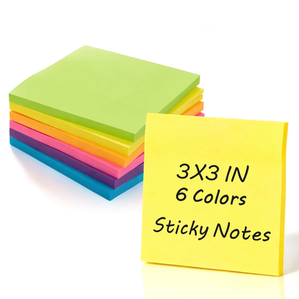 Six square sticky note pads in neon colours, 300 sheets total