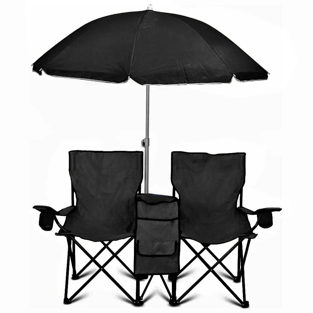 Vandue Corporation Vandue Corporation GoTEAM! Portable Double Folding Chair w/ Umbrella, Cooler &amp; Case - Black — product photo