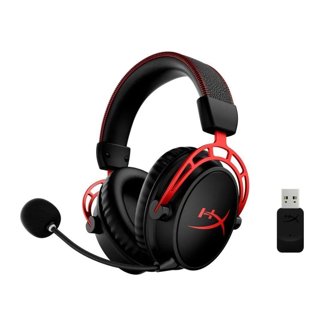 Red wireless gaming headset with aluminium frame and leatherette ear cushions