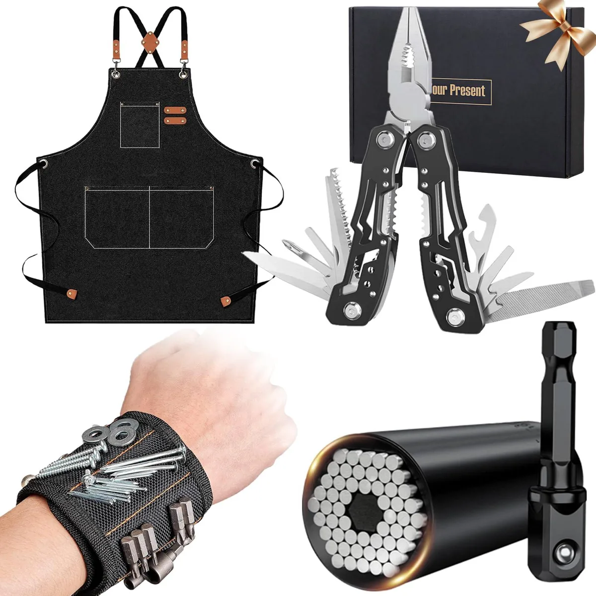 Gift box containing canvas apron magnetic wristband universal socket multitool pliers 19 pieces