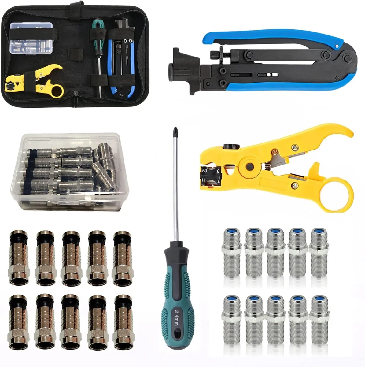 BFKK BFKK Coax Cable Crimper Tool Kit RG6 RG59 RG11 with Stripper 10 F Connectors 10 Couplers Screwdriver — product photo