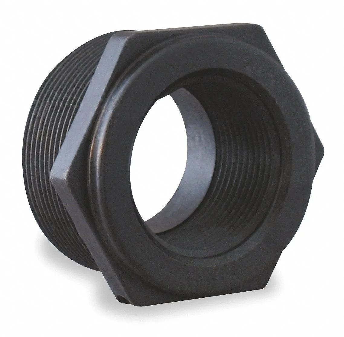 Black Schedule 80 polypropylene reducing bushing, 4" x 3" MNPT x FNPT