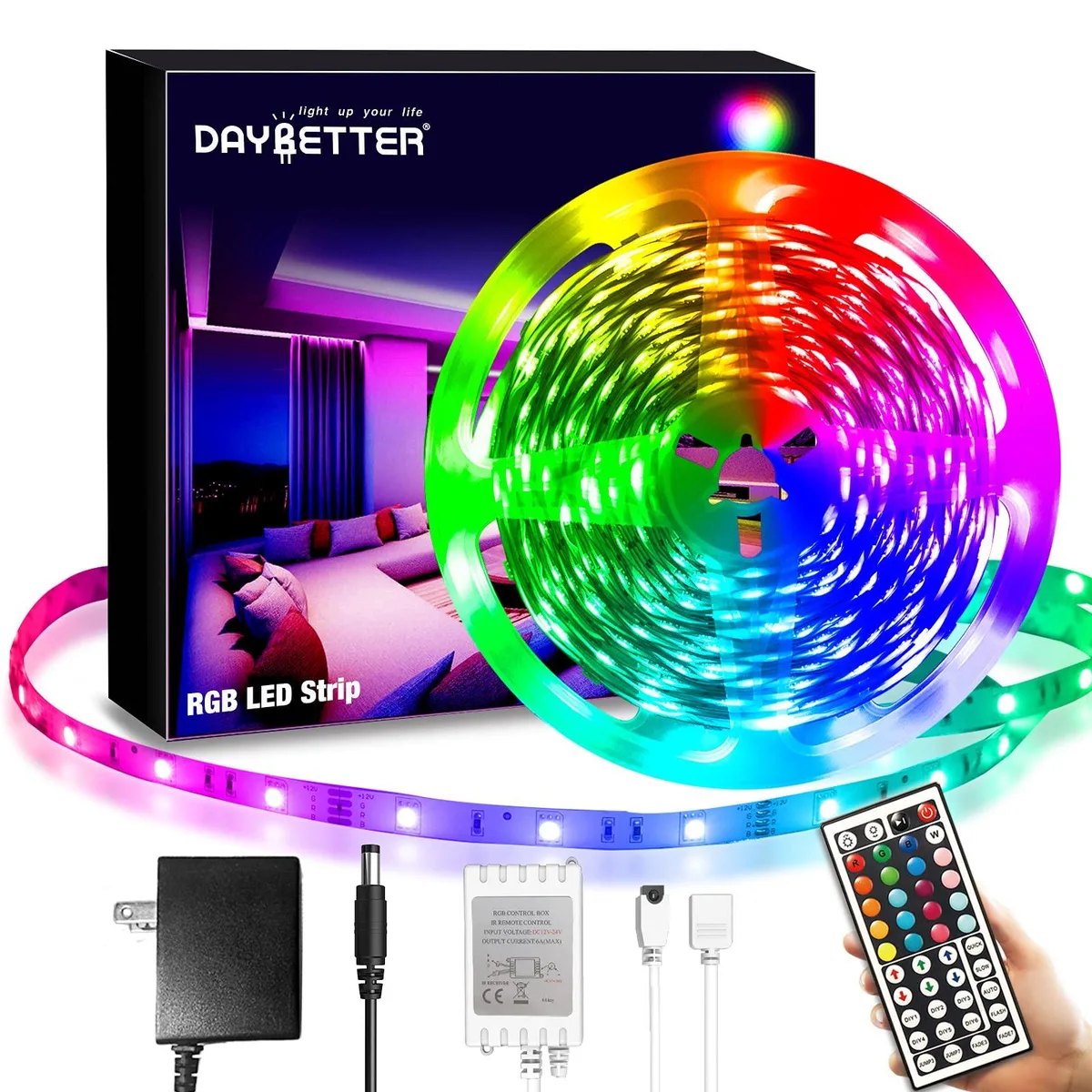 20ft RGB LED strip kit with 44-key remote and power adapter