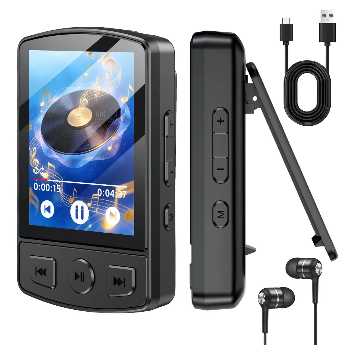 Fohil MP3 Player 64GB Bluetooth 5.2 Clip 2.36in 1.2oz Black — product photo
