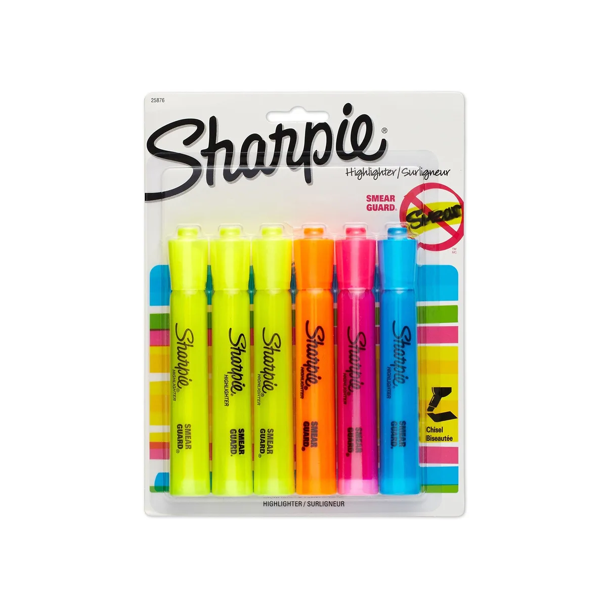 Six Sharpie tank highlighters in assorted fluorescent colours with chisel tips