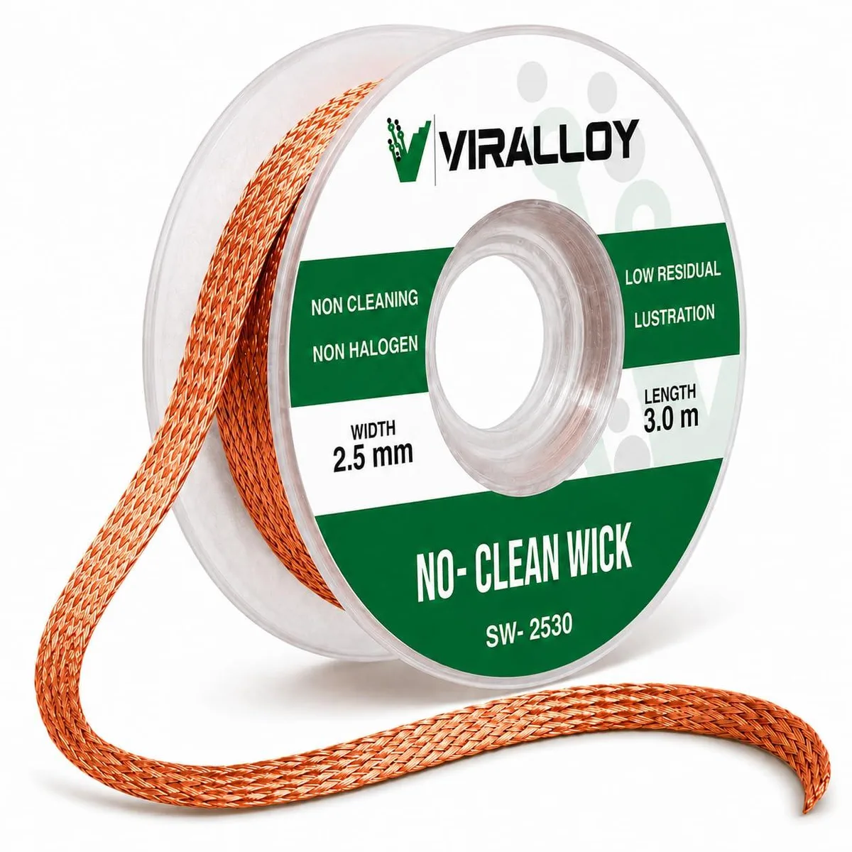 Copper desoldering braid on spool, 2.5mm wide, 10ft length