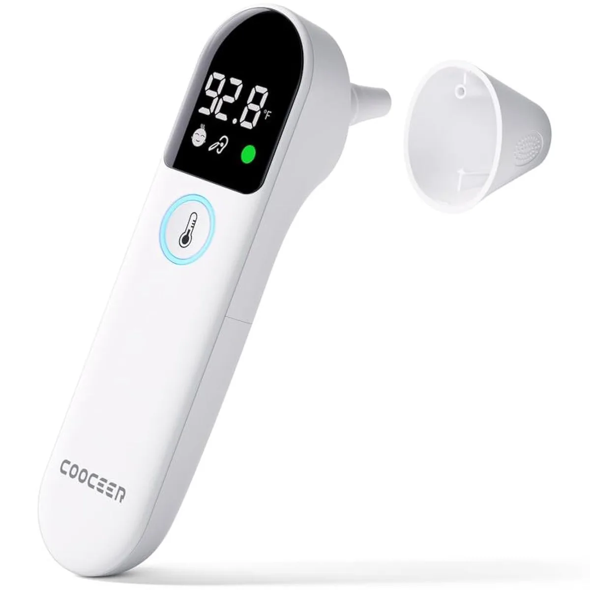 White digital thermometer with large backlit display and four function buttons