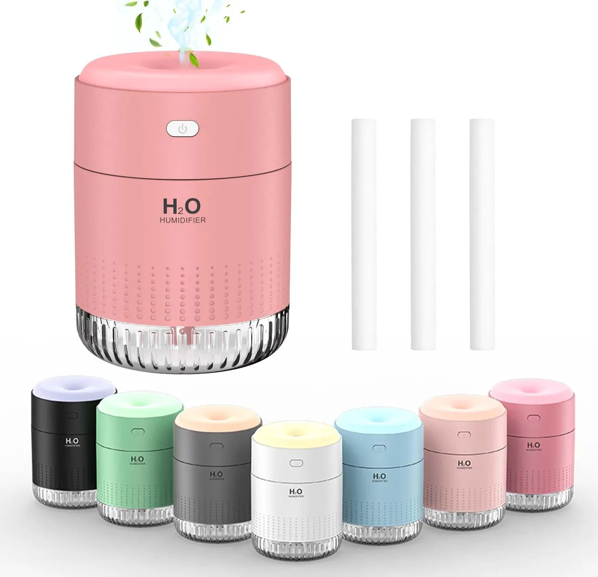 Pink cylindrical USB humidifier 4.7 inches tall 3.6 inches wide 500ml capacity
