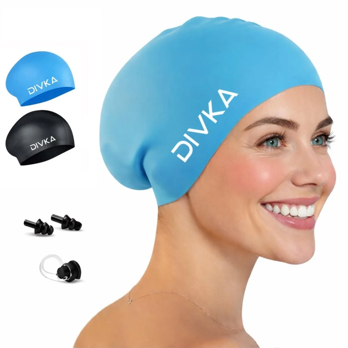 Two black silicone swim caps with ear plugs and nose clip