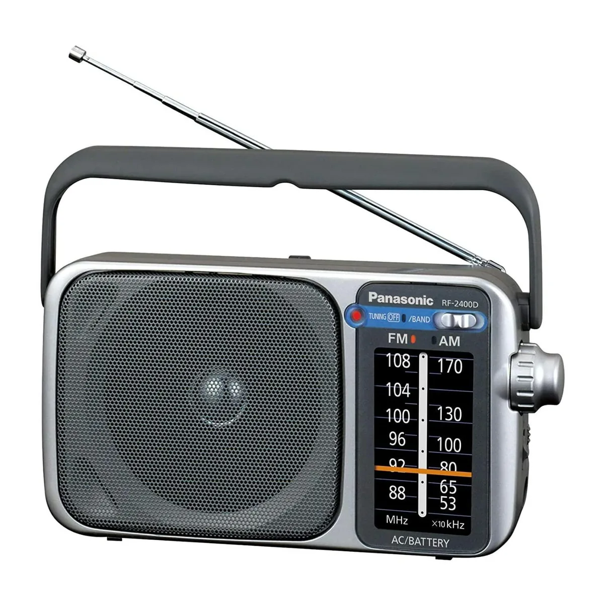 Silver rectangular portable radio with large tuning dial and fluorescent pointer