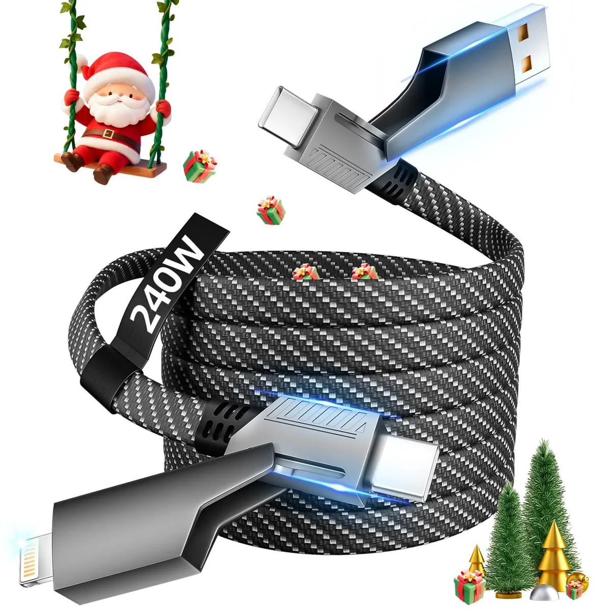 Orange 4-in-1 USB-C cable with USB-A, Lightning and dual USB-C connectors, 5 ft length