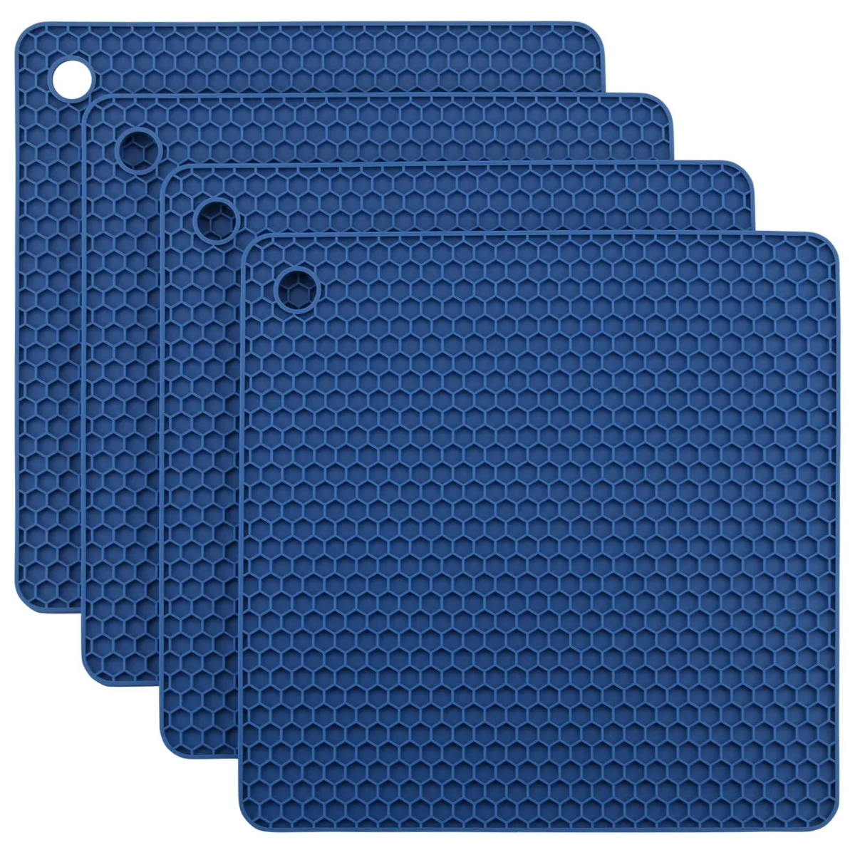 Four navy square silicone mats with honeycomb pattern, 7.28 inches each