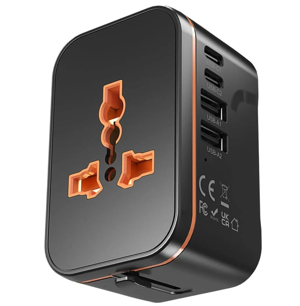 Black rectangular travel adapter with sliding plugs, two USB-C, two USB-A and one AC socket