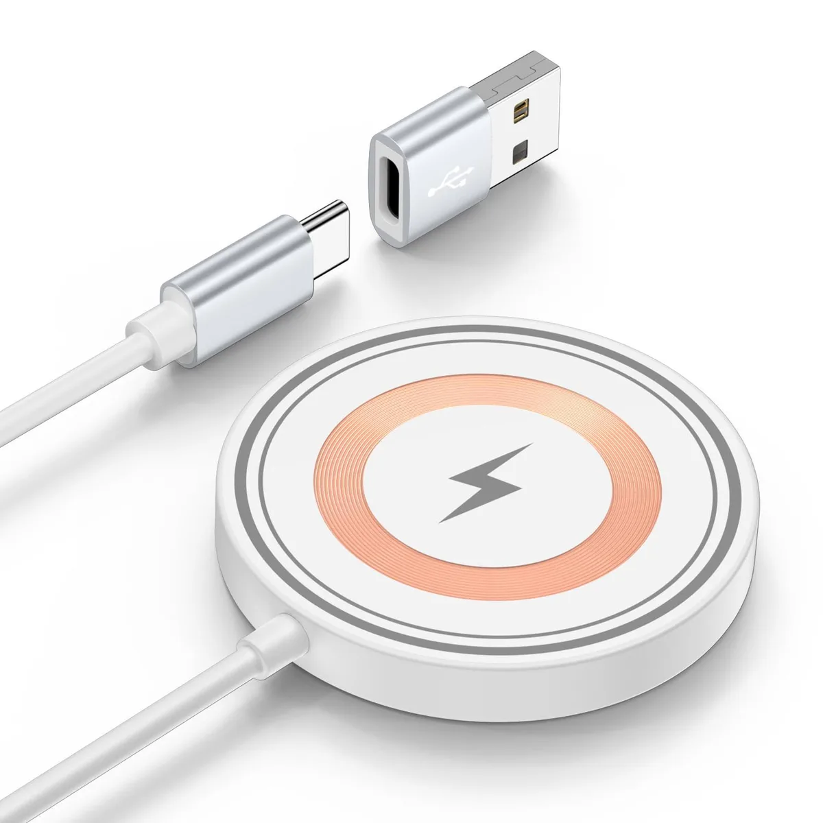 White circular wireless charging pad with integrated USB-C cable