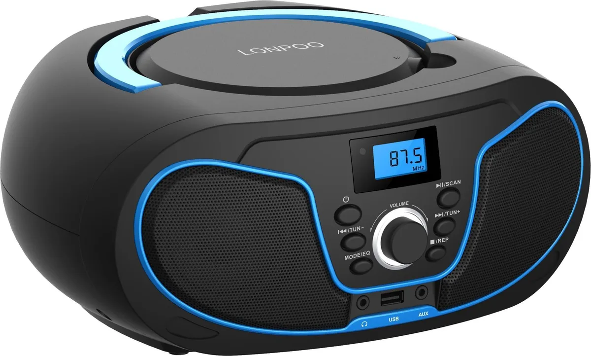  LONPOO LP-D02-BLACK CD Player Bluetooth 5.3 FM Radio USB AUX AC Battery 4W Blue — product photo