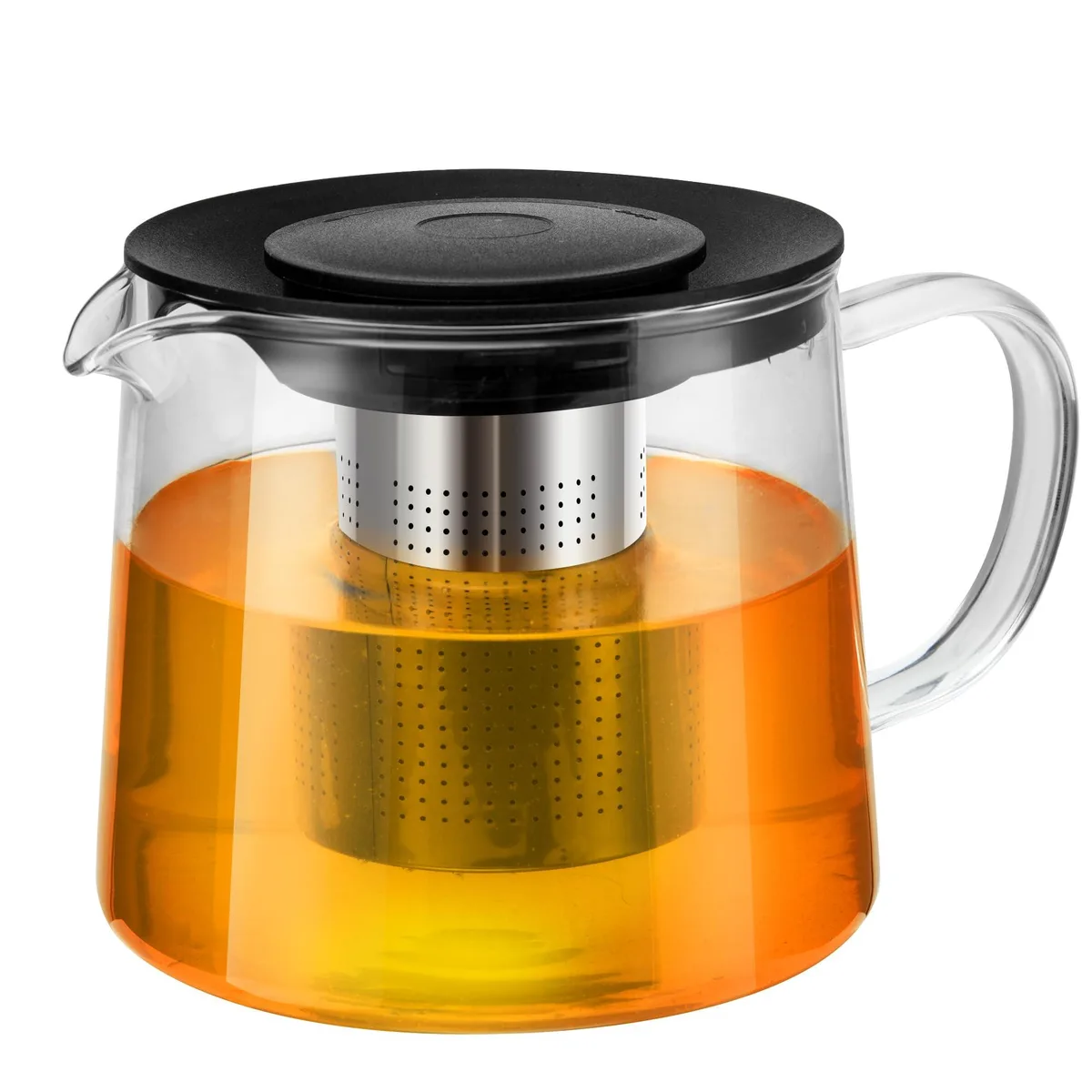 Clear borosilicate glass teapot with stainless steel infuser, 34oz capacity, 4.3 inch diameter