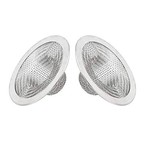 Stainless steel drain strainer, 2.75 inch outer diameter, 1.1 inch height, mesh basket form factor, brushed metal finish