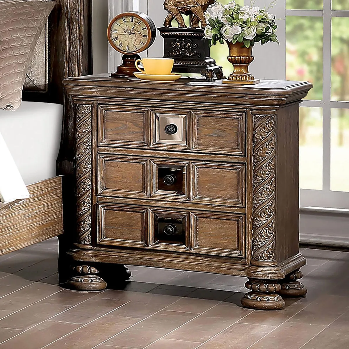 Solid wood nightstand rustic finish three drawers mirror inserts bronze knobs 30x17x29