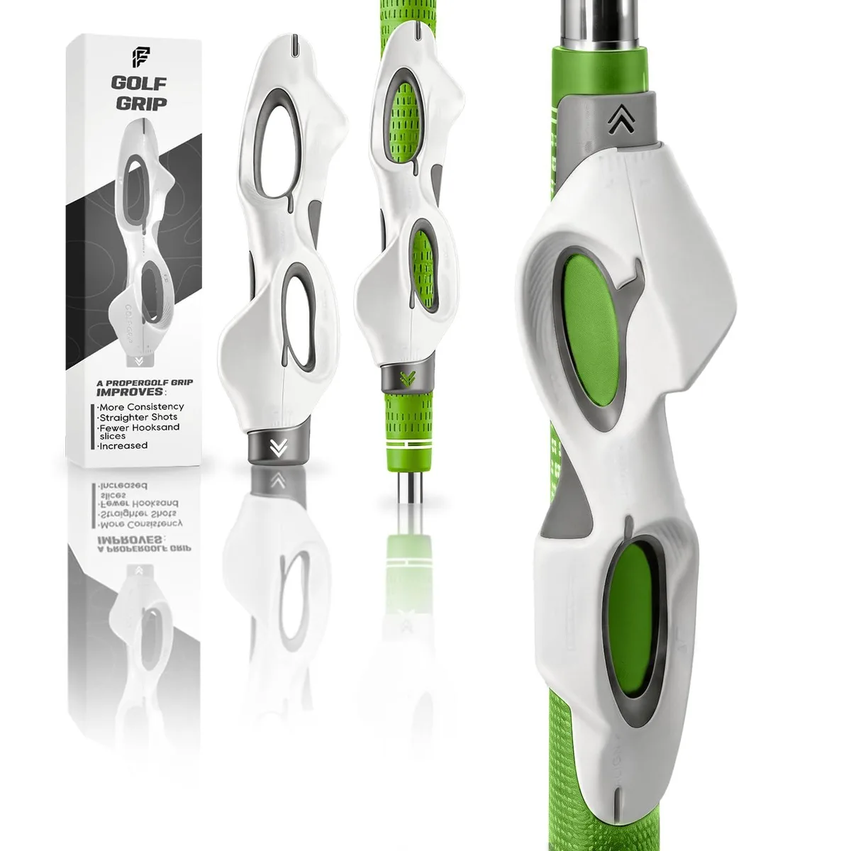 White-grey moulded golf grip trainer on a club shaft