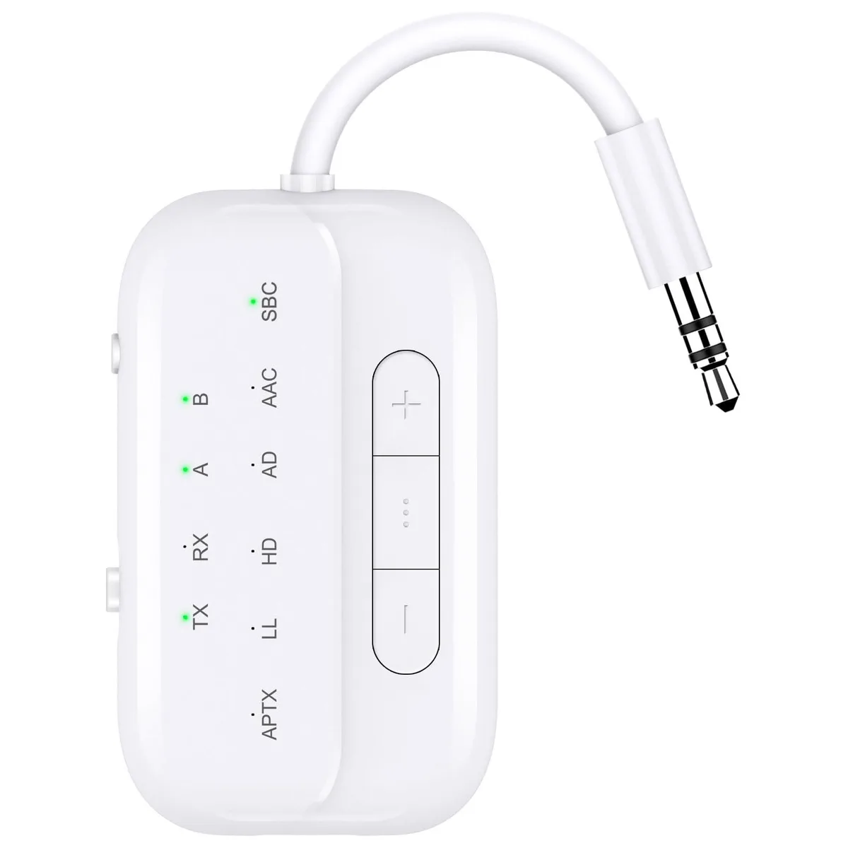 White rectangular Bluetooth 5.3 adapter with 3.5 mm ports and volume knob