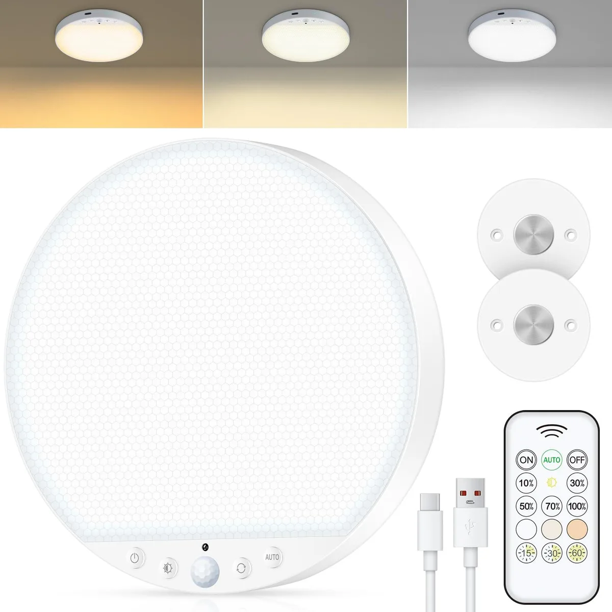 White round LED ceiling light with clear prismatic diffuser, magnetic base and remote control