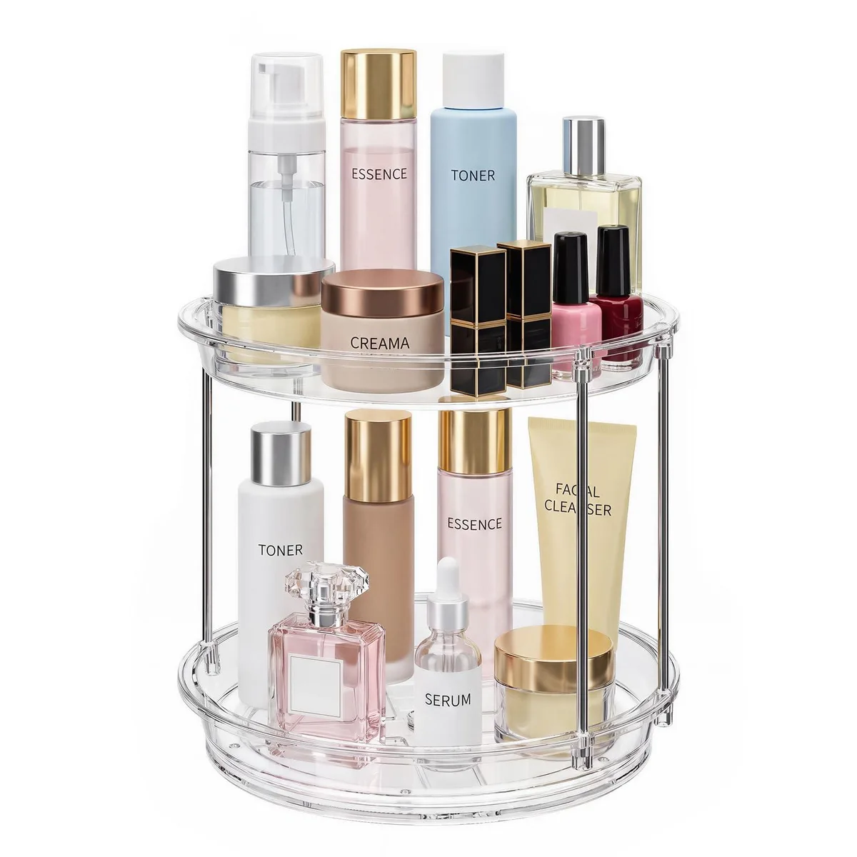 Clear two-tier rotating bath organiser, round transparent trays with raised edges, metal rods, non-slip base