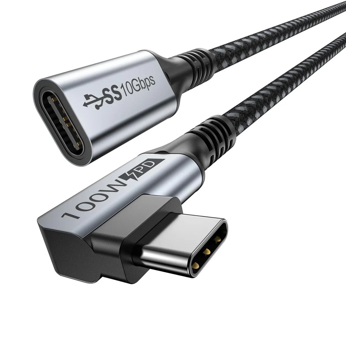 Grey USB-C right-angle extension cable, 6.6 ft, male-to-female, braided nylon finish