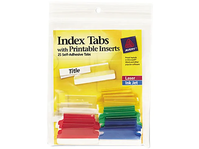 Pack of 25 self-adhesive printable index tabs in assorted colours