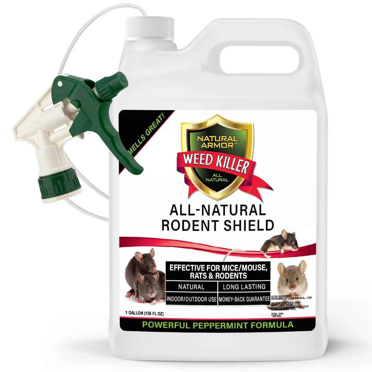 White plastic gallon jug with sprayer nozzle and peppermint rodent shield label