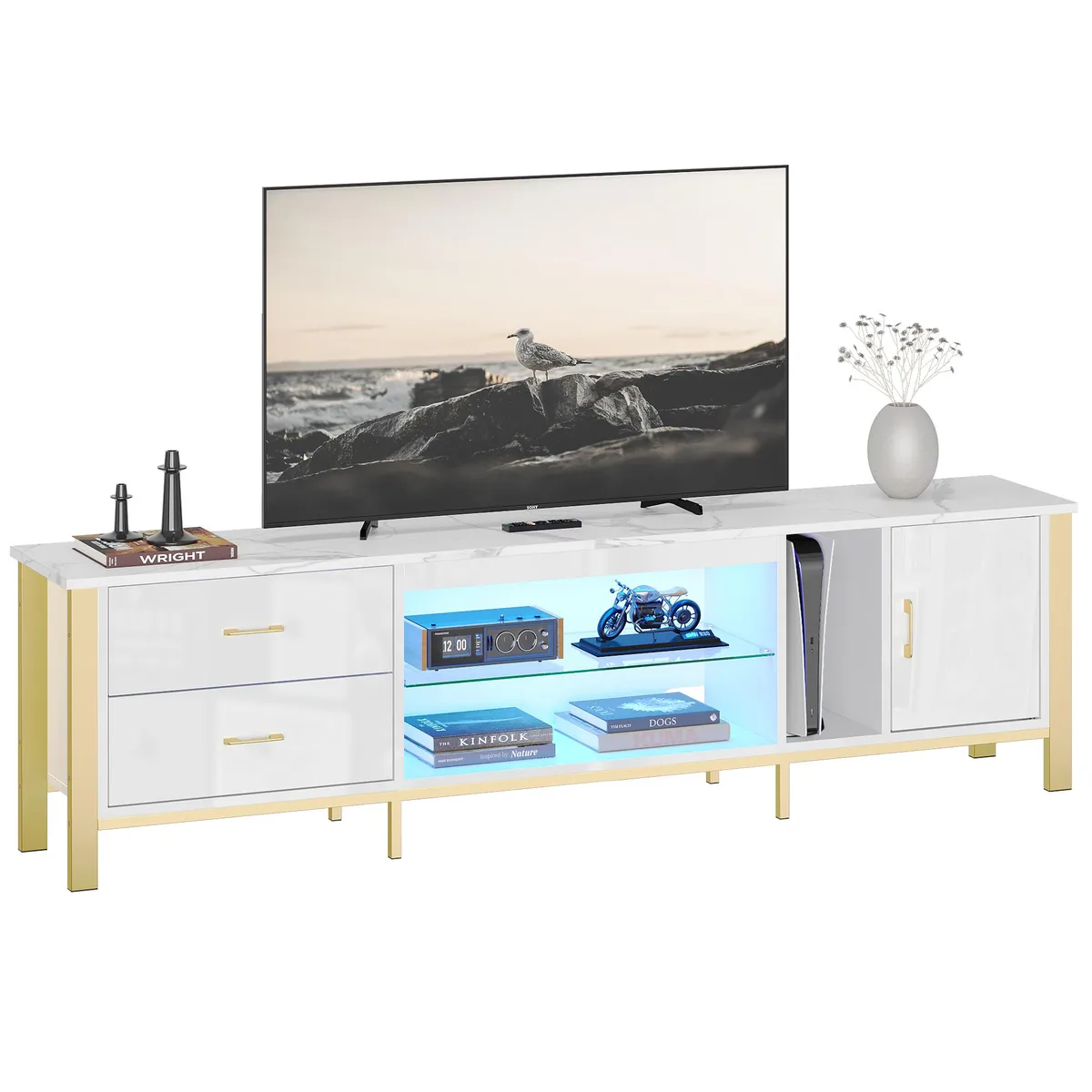 Bestier Bestier Modern TV Stand 80" for 85" TV LED 3 Drawers White — product photo