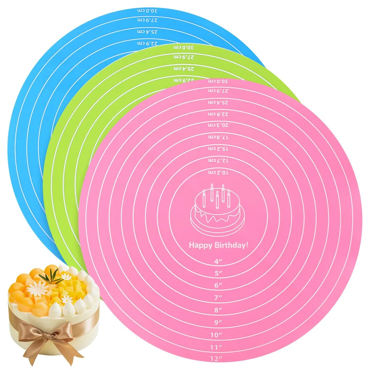 Three round silicone mats in pink blue green 30cm diameter