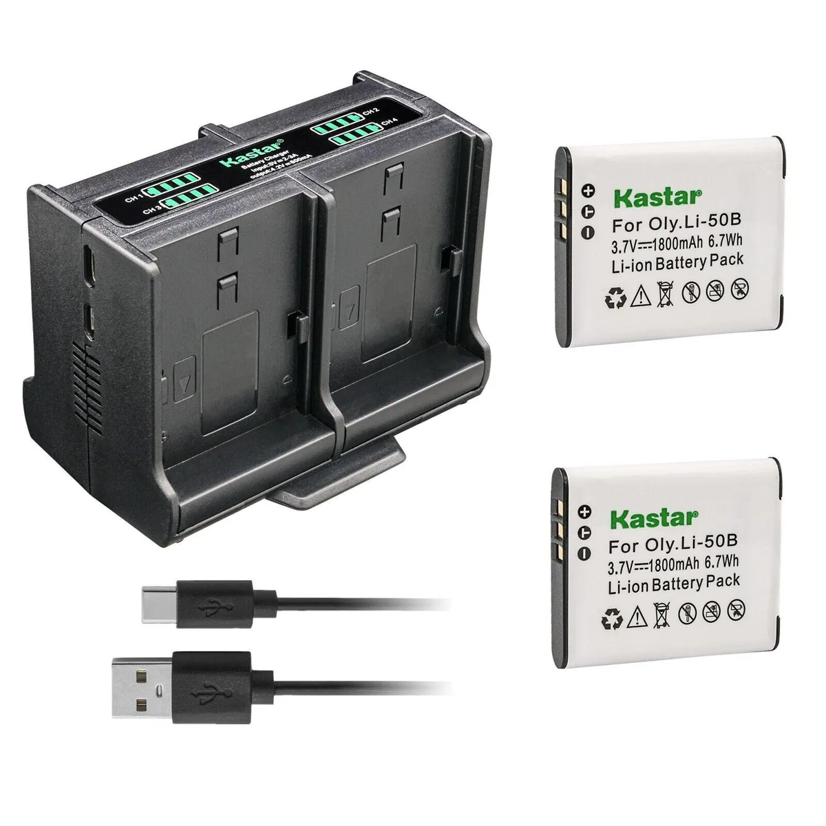 Kastar Kastar 2-Pack LI-50B Battery &amp; Quadruple Charger for Olympus Stylus 9000 9010 SZ-10 11 12 14 15 16 — product photo