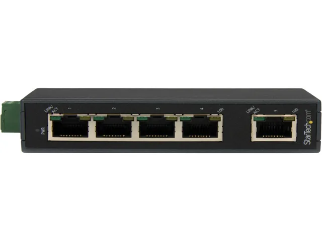 Small black metal box with five RJ-45 ports and DIN rail clips