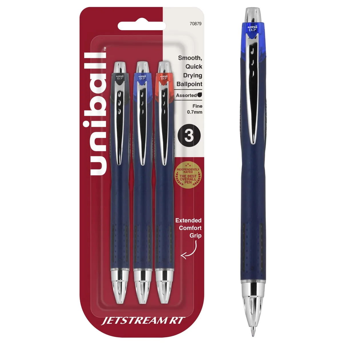 Three retractable ballpoint pens in black, blue and red ink with plastic barrels and stainless steel accents