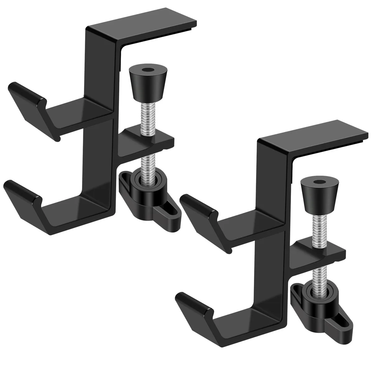 Two black metal double hooks with adjustable clamps and rubber pads